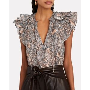 ULLA JOHNSON Alva Ruffled Printed Cotton-Blend Top in Aegean Size 0